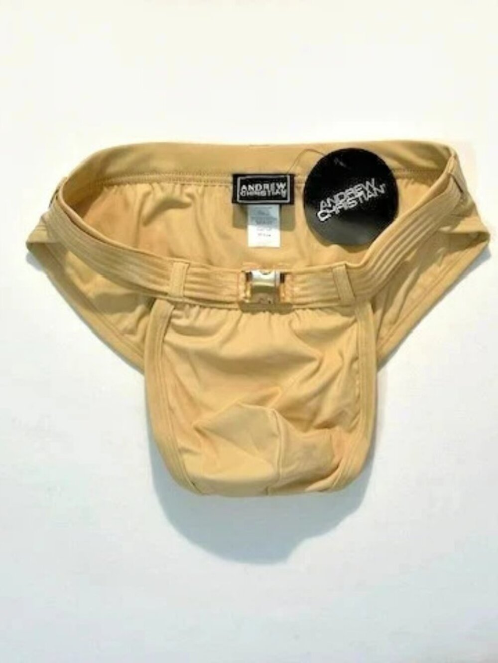 Andrew Christian Size M Solid Swim Bikini w/Striped Belt + Buckle - Sand/Gold - Picture 2 of 14